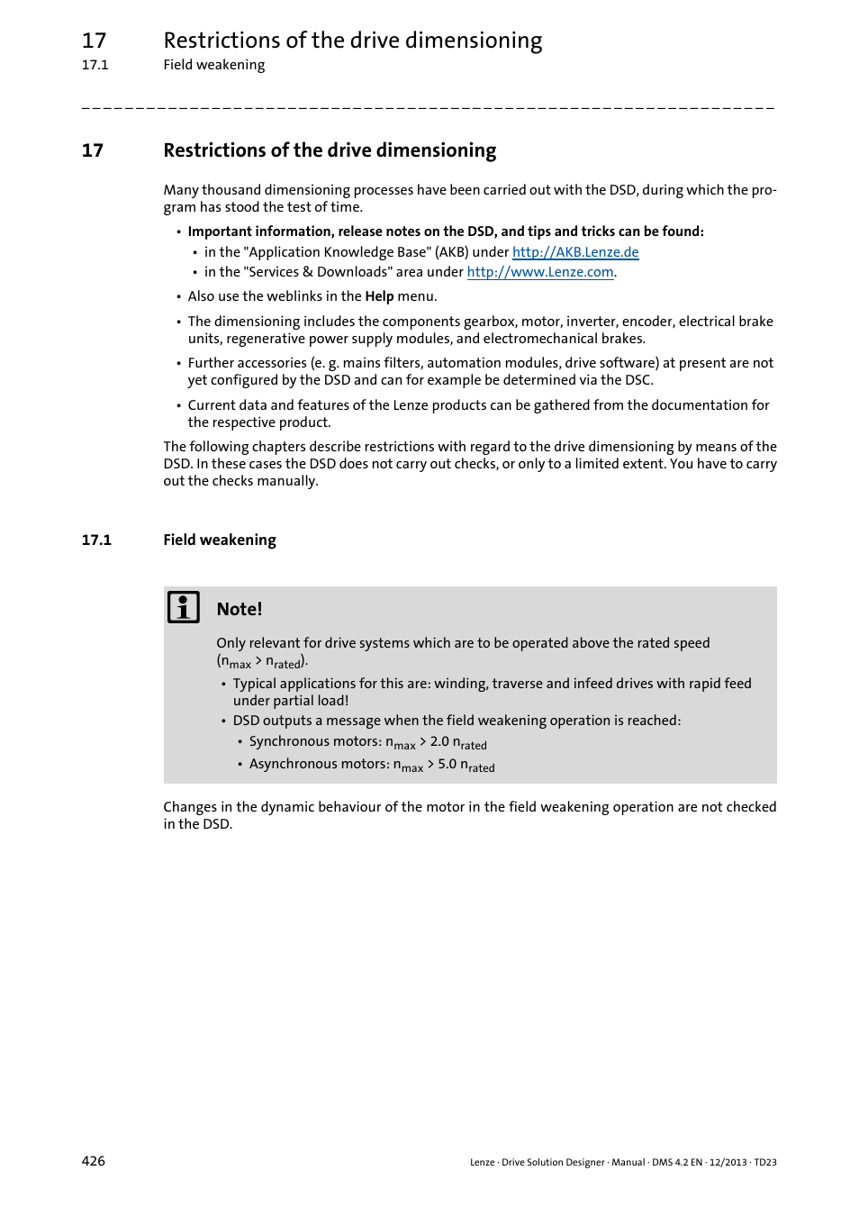 17 restrictions of the drive dimensioning, 1 field weakening, Restrictions of the drive dimensioning | The operating, Ribed | Lenze DSD User Manual | Page 426 / 496