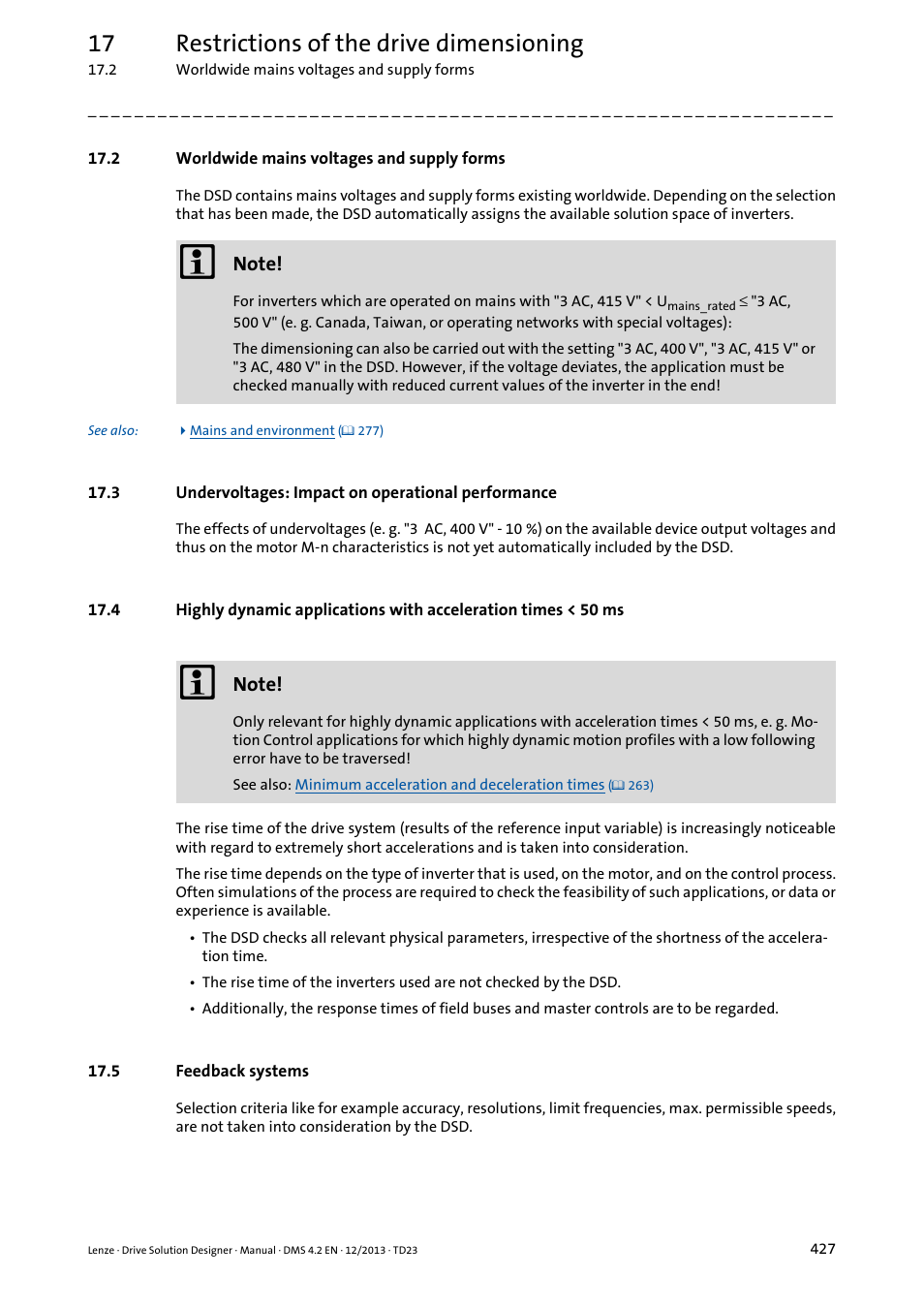 2 worldwide mains voltages and supply forms, 3 undervoltages: impact on operational performance, 5 feedback systems | 17 restrictions of the drive dimensioning | Lenze DSD User Manual | Page 427 / 496