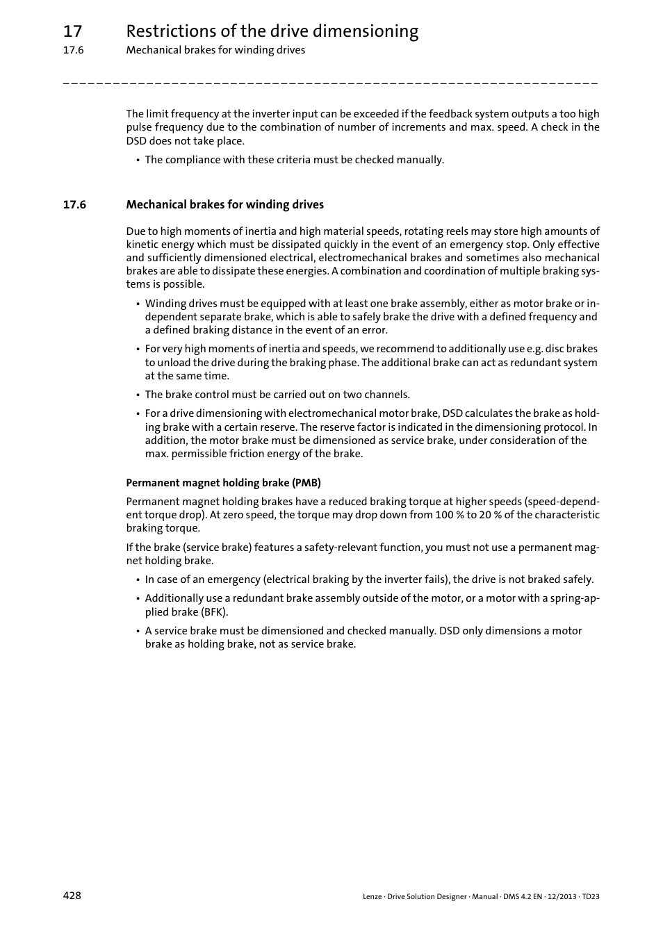 6 mechanical brakes for winding drives, 17 restrictions of the drive dimensioning | Lenze DSD User Manual | Page 428 / 496