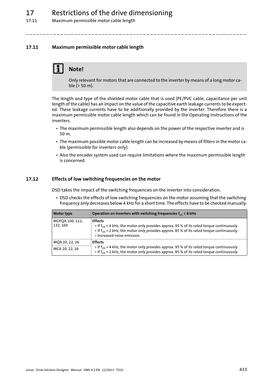 11 maximum permissible motor cable length, 17 restrictions of the drive dimensioning | Lenze DSD User Manual | Page 433 / 496