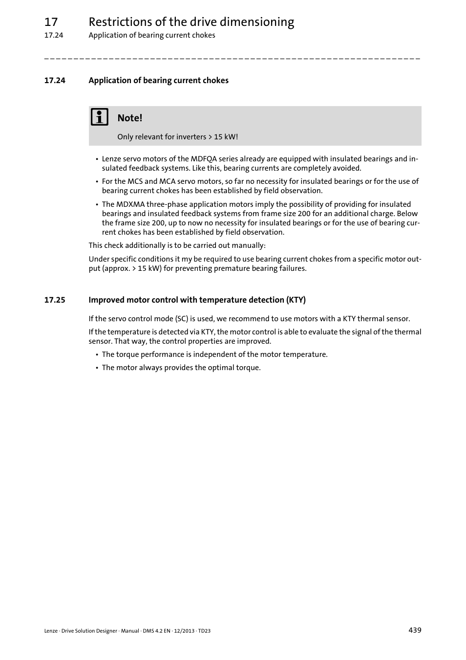 24 application of bearing current chokes, 17 restrictions of the drive dimensioning | Lenze DSD User Manual | Page 439 / 496