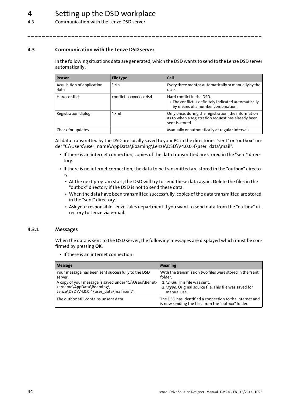 3 communication with the lenze dsd server, 1 messages, Communication with the lenze dsd server | Messages, 4setting up the dsd workplace | Lenze DSD User Manual | Page 44 / 496