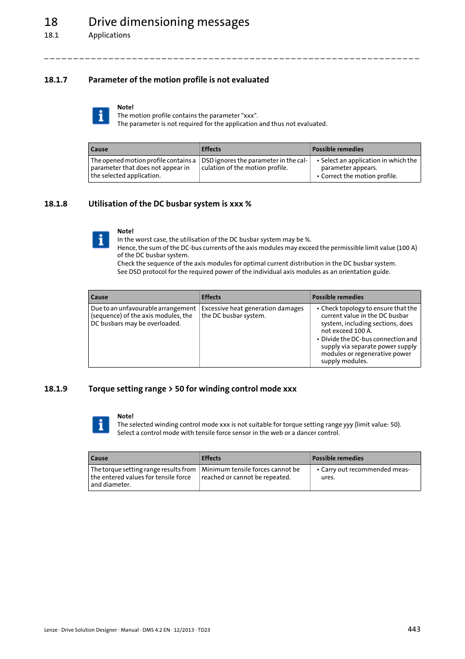 7 parameter of the motion profile is not evaluated, 8 utilisation of the dc busbar system is xxx, 18 drive dimensioning messages | Lenze DSD User Manual | Page 443 / 496