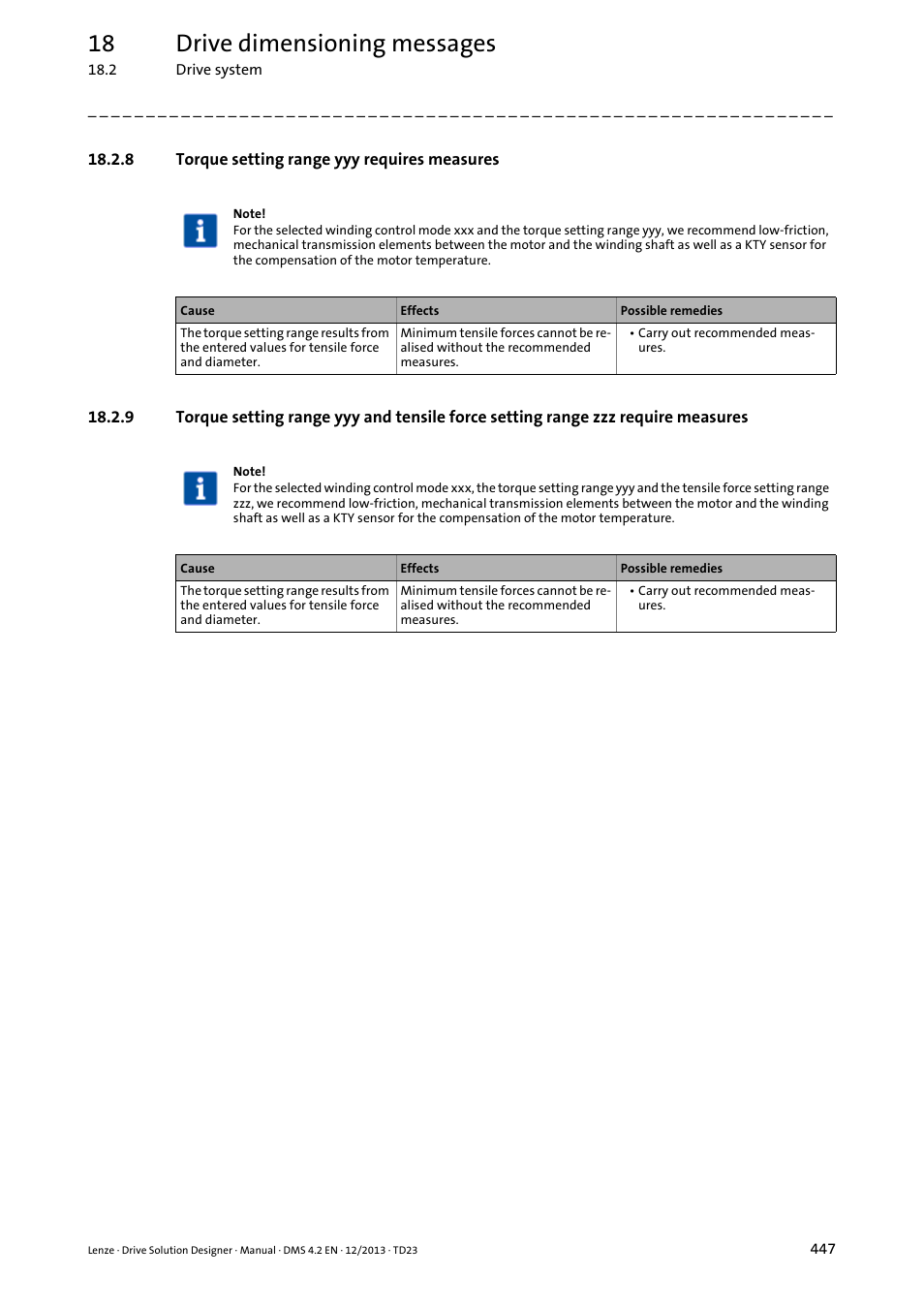 8 torque setting range yyy requires measures, 18 drive dimensioning messages | Lenze DSD User Manual | Page 447 / 496