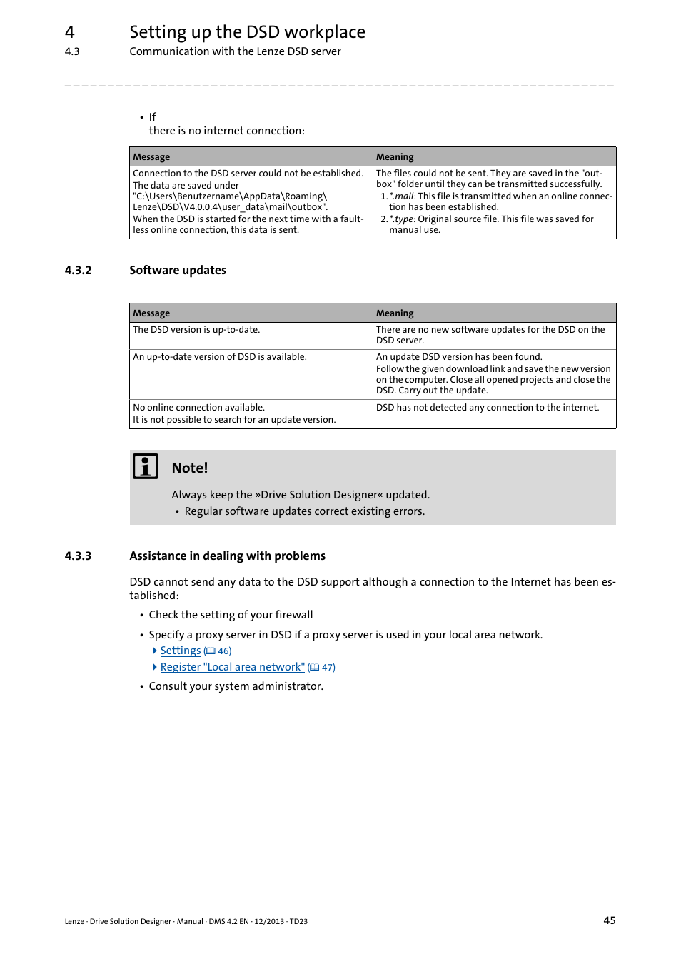 2 software updates, 3 assistance in dealing with problems, Software updates | Assistance in dealing with problems, 4setting up the dsd workplace | Lenze DSD User Manual | Page 45 / 496