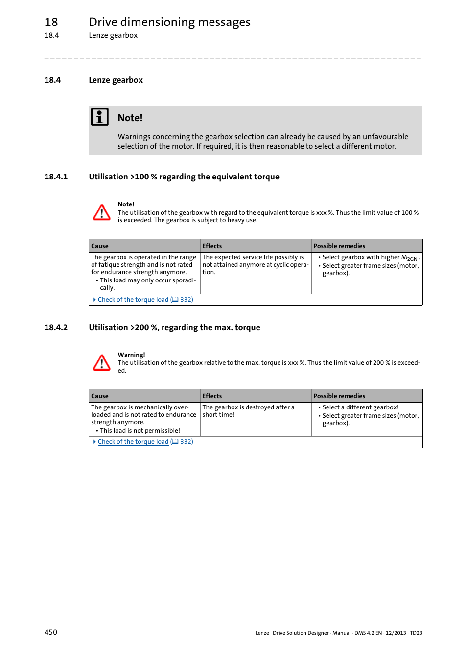 4 lenze gearbox, 2 utilisation >200 %, regarding the max. torque, Utilisation >100 % regarding the equivalent torque | 18 drive dimensioning messages | Lenze DSD User Manual | Page 450 / 496