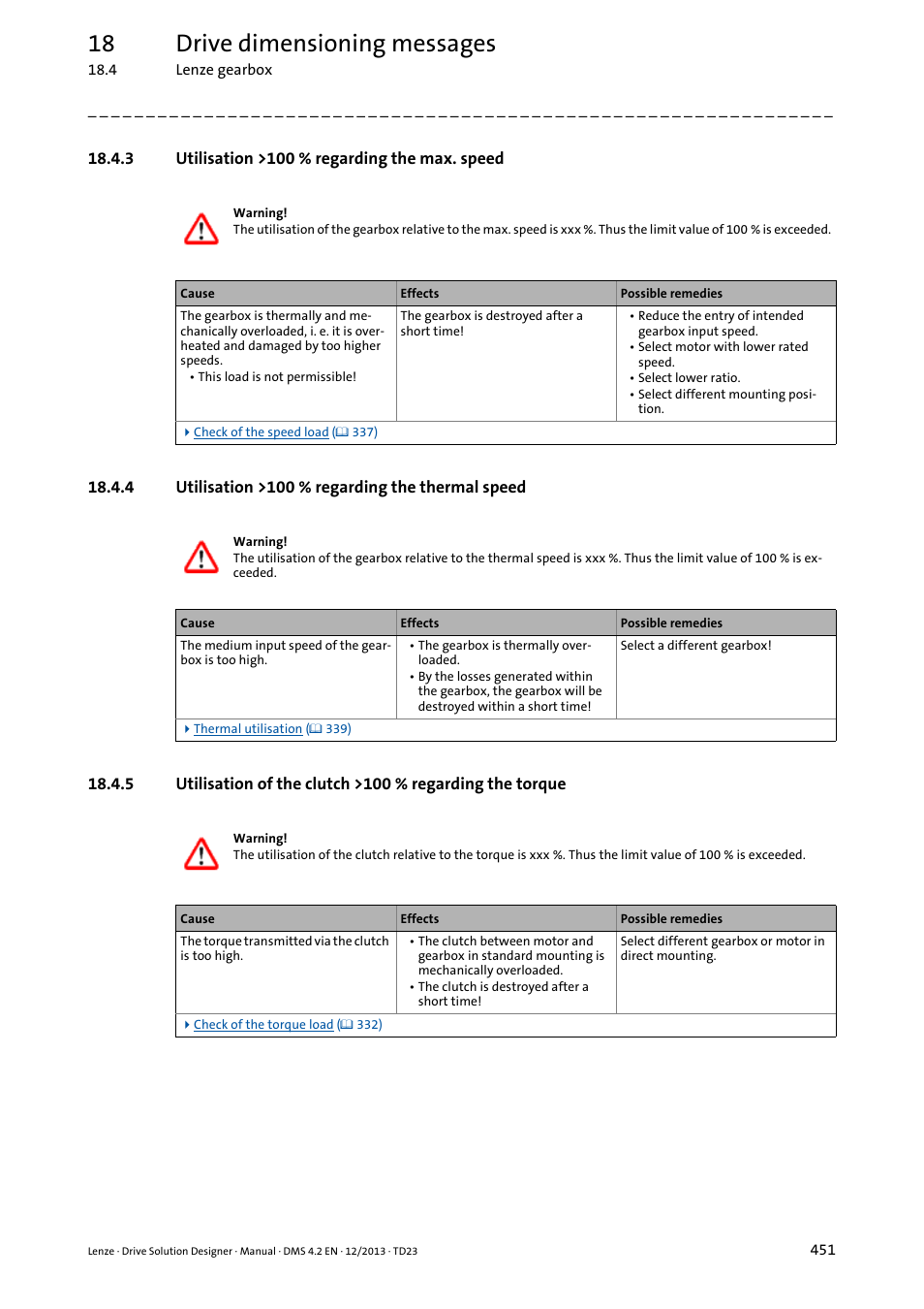 3 utilisation >100 % regarding the max. speed, 4 utilisation >100 % regarding the thermal speed, Utilisation >100 % regarding the thermal speed | 18 drive dimensioning messages | Lenze DSD User Manual | Page 451 / 496