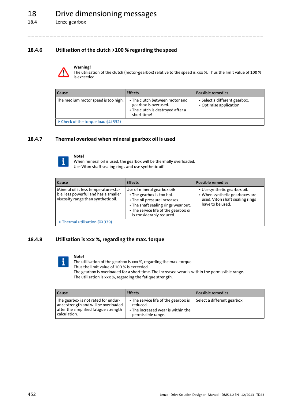 8 utilisation is xxx %, regarding the max. torque, 18 drive dimensioning messages | Lenze DSD User Manual | Page 452 / 496