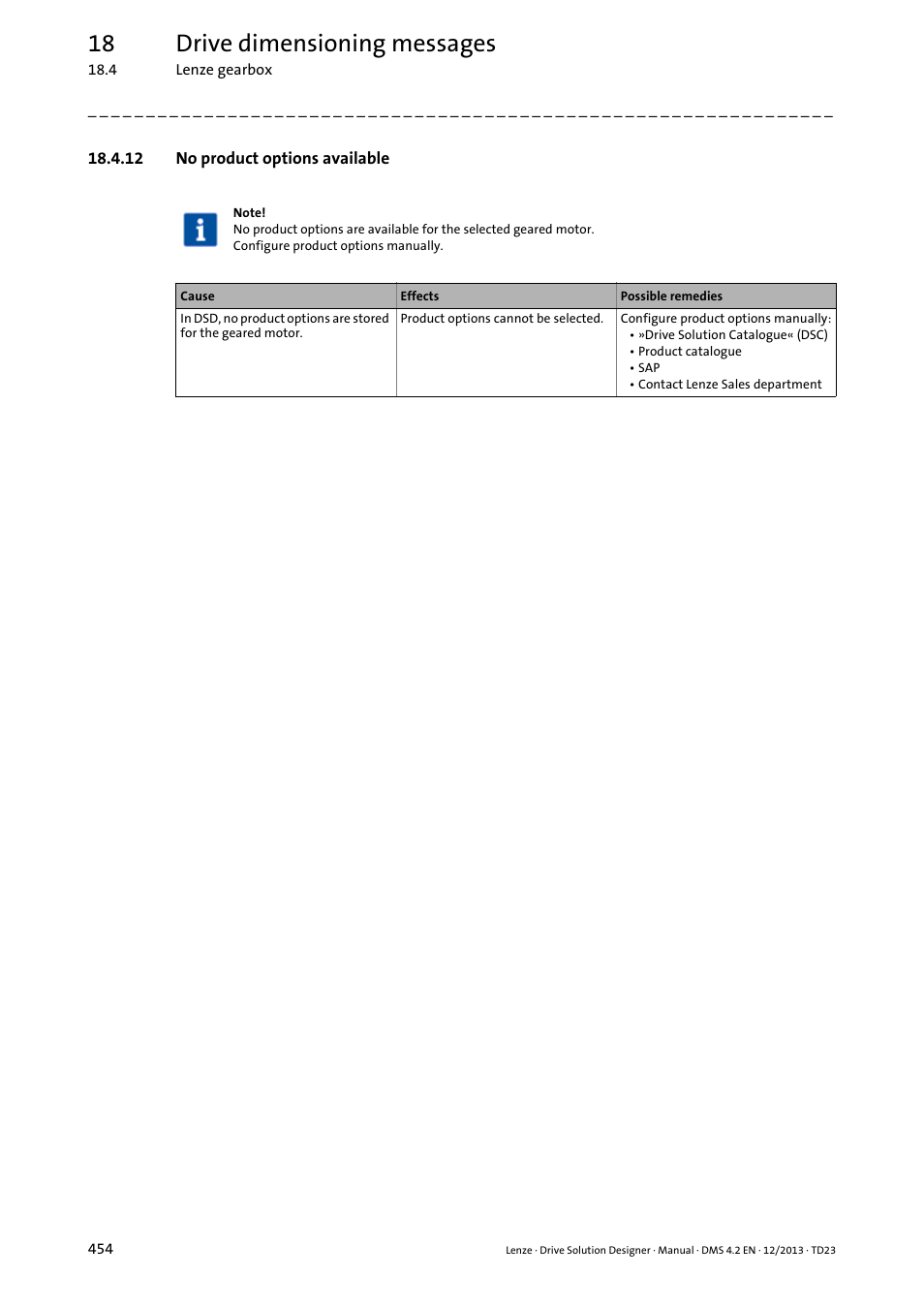 12 no product options available, 18 drive dimensioning messages | Lenze DSD User Manual | Page 454 / 496