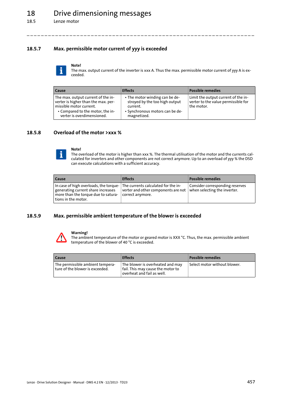 8 overload of the motor >xxx, 18 drive dimensioning messages | Lenze DSD User Manual | Page 457 / 496
