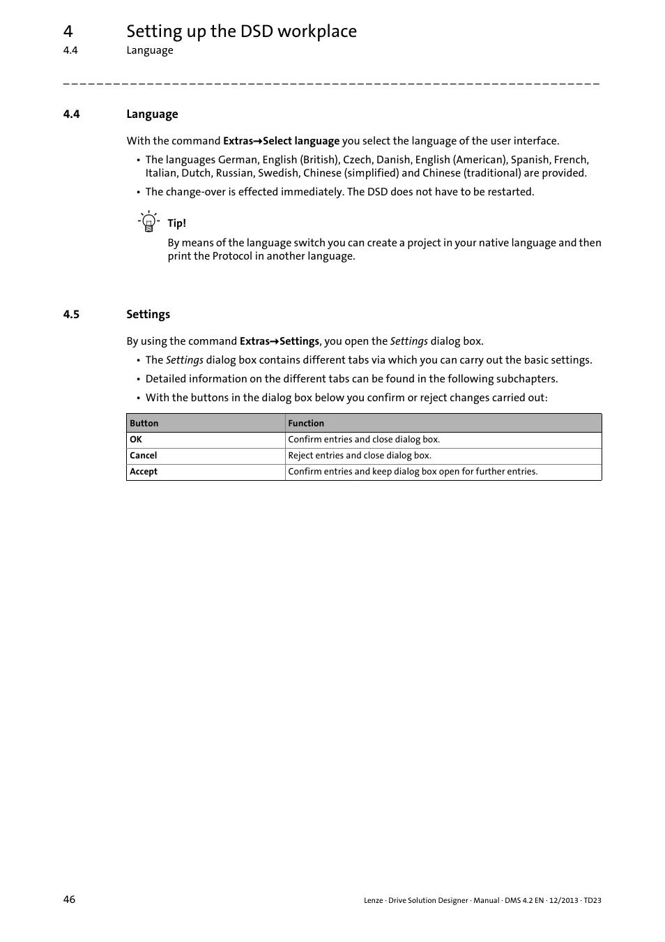 4 language, 5 settings, Language | Settings, Settings ( 46), 4setting up the dsd workplace | Lenze DSD User Manual | Page 46 / 496
