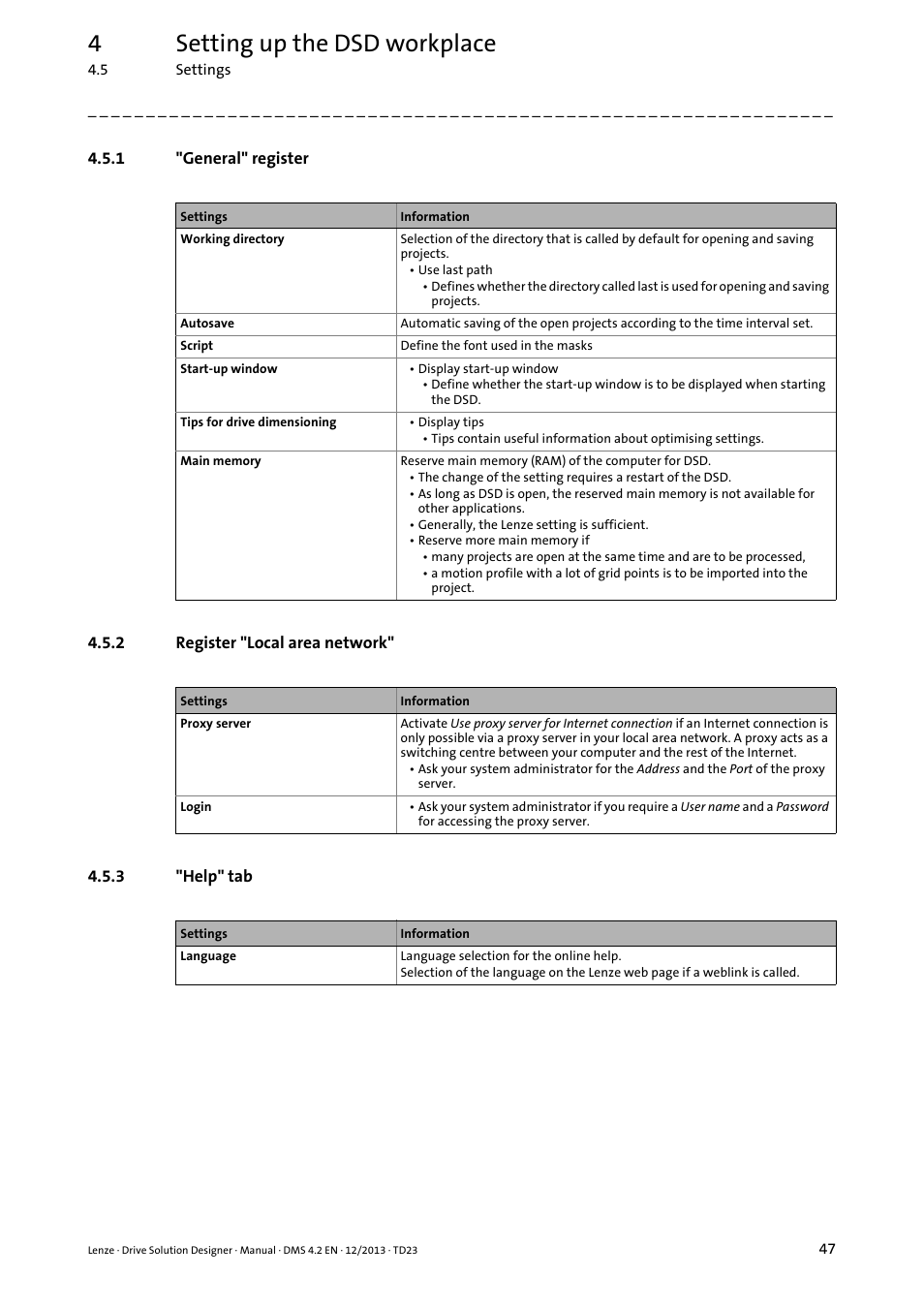 1 "general" register, 2 register "local area network, 3 "help" tab | General" register, Register "local area network, Help" tab, 4setting up the dsd workplace | Lenze DSD User Manual | Page 47 / 496