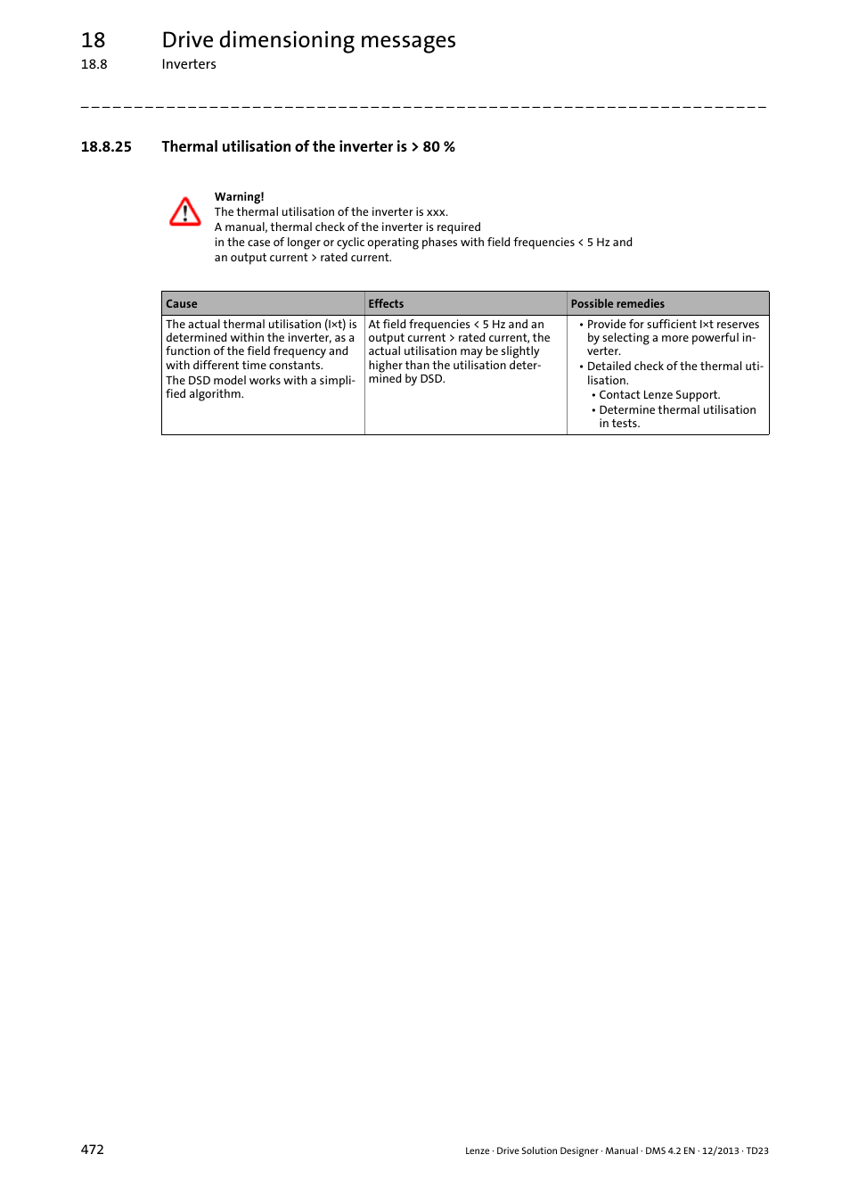 25 thermal utilisation of the inverter is > 80, Thermal utilisation of the inverter is > 80, 18 drive dimensioning messages | Lenze DSD User Manual | Page 472 / 496