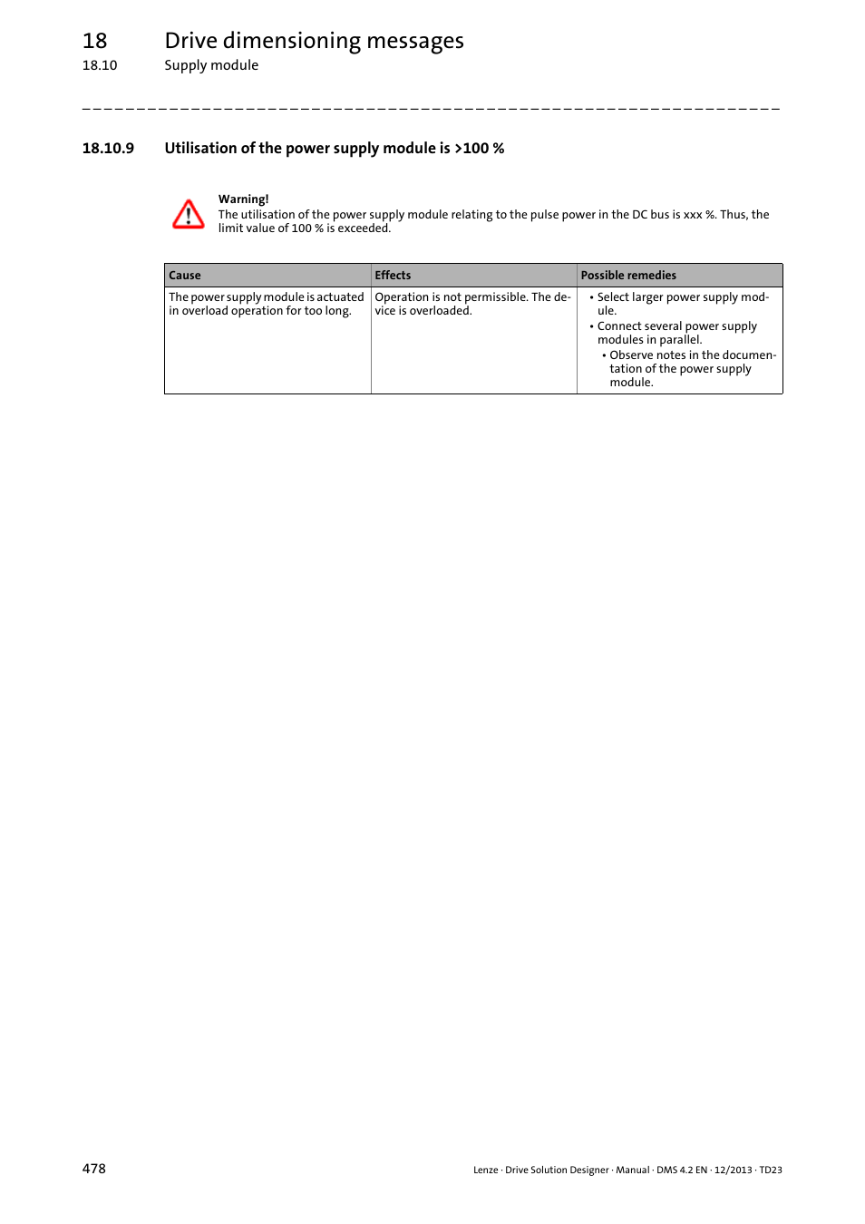 9 utilisation of the power supply module is >100, 18 drive dimensioning messages | Lenze DSD User Manual | Page 478 / 496
