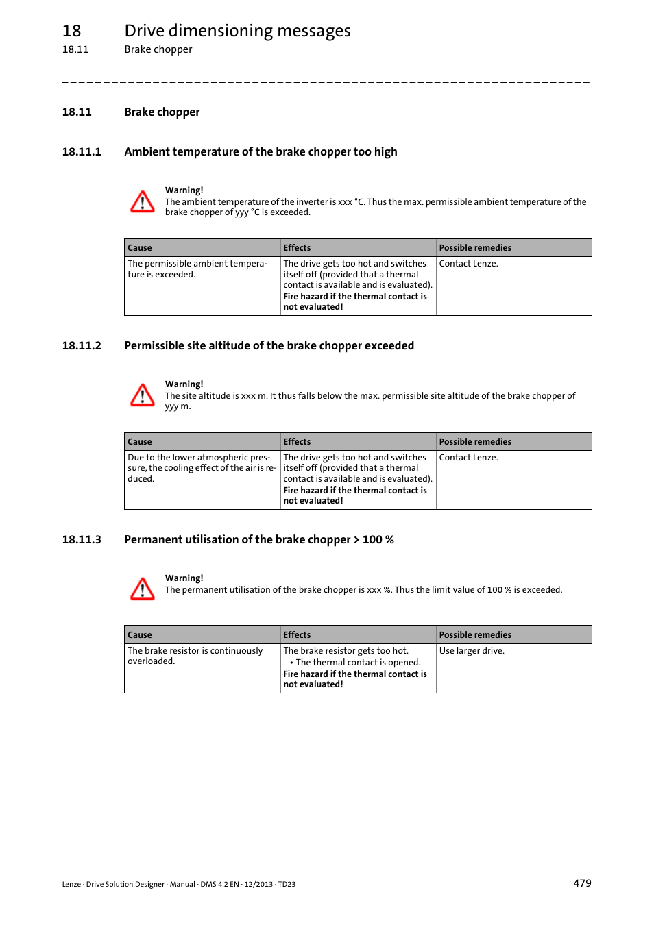 11 brake chopper, 3 permanent utilisation of the brake chopper > 100, Permanent utilisation of the brake chopper > 100 | 18 drive dimensioning messages | Lenze DSD User Manual | Page 479 / 496