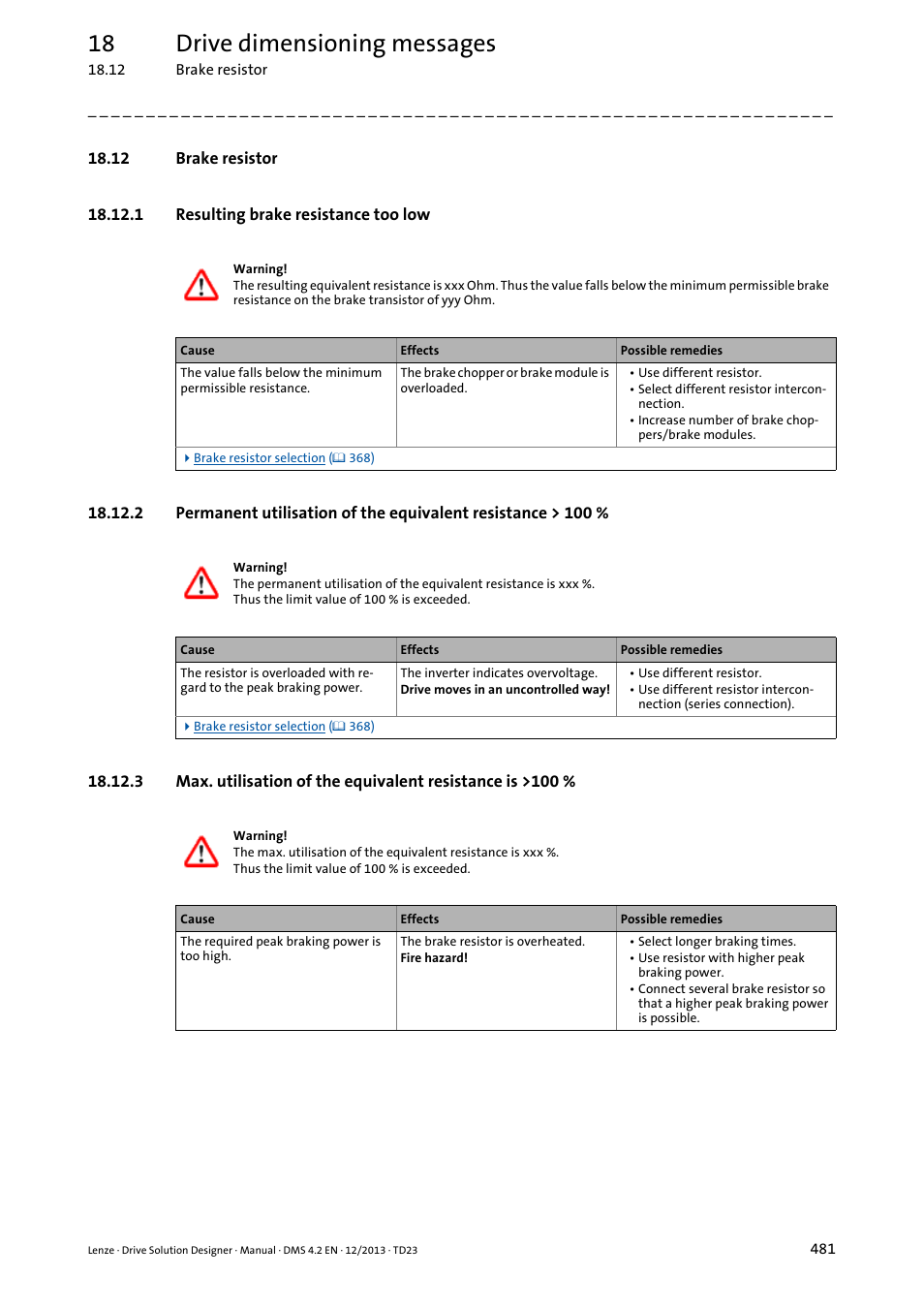 12 brake resistor, 1 resulting brake resistance too low, Resulting brake resistance too low ( 481) | 18 drive dimensioning messages | Lenze DSD User Manual | Page 481 / 496