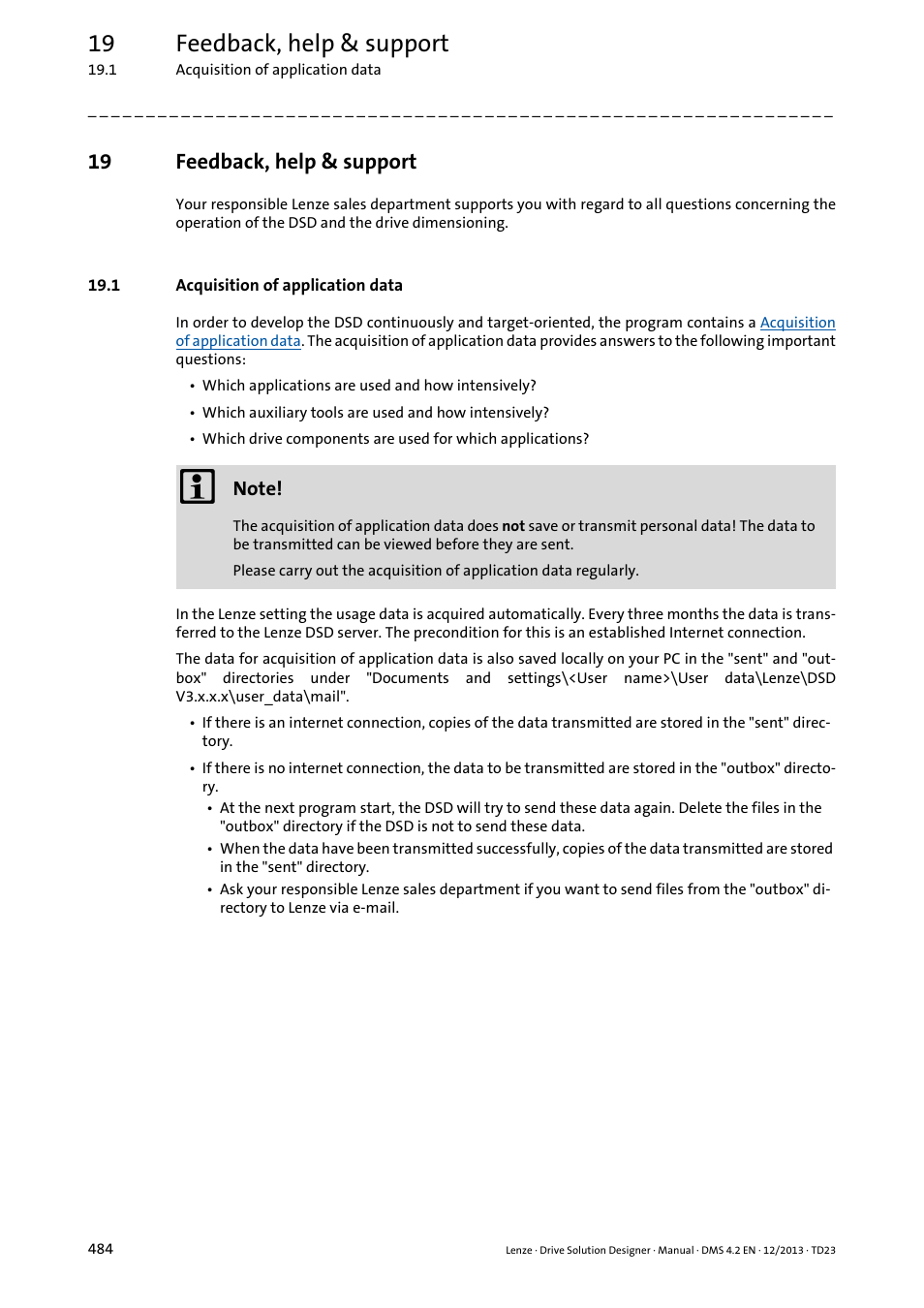 19 feedback, help & support, 1 acquisition of application data, Feedback, help & support | Acquisition of application data ( 484) | Lenze DSD User Manual | Page 484 / 496