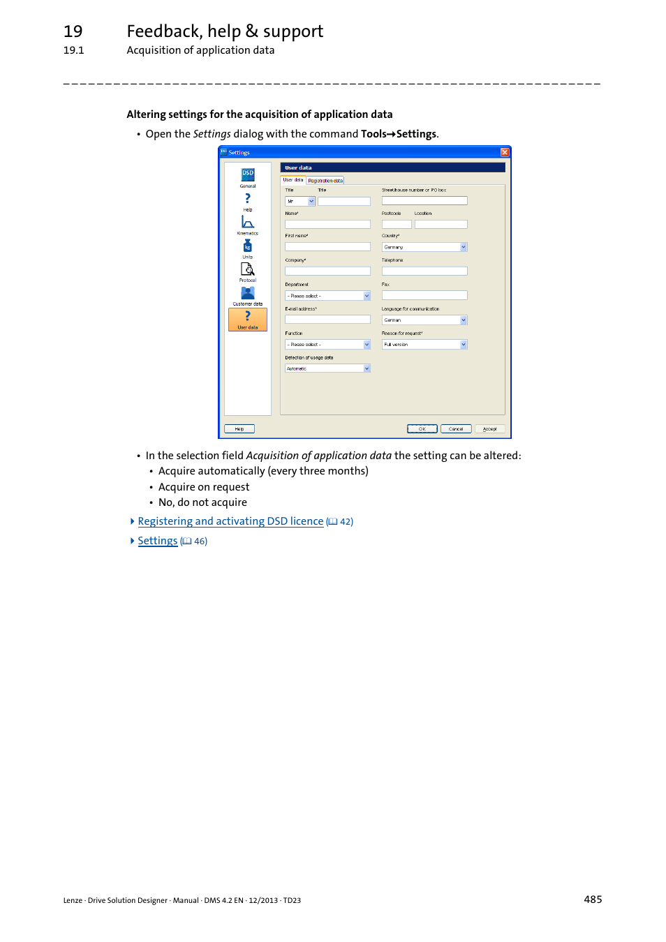 19 feedback, help & support | Lenze DSD User Manual | Page 485 / 496