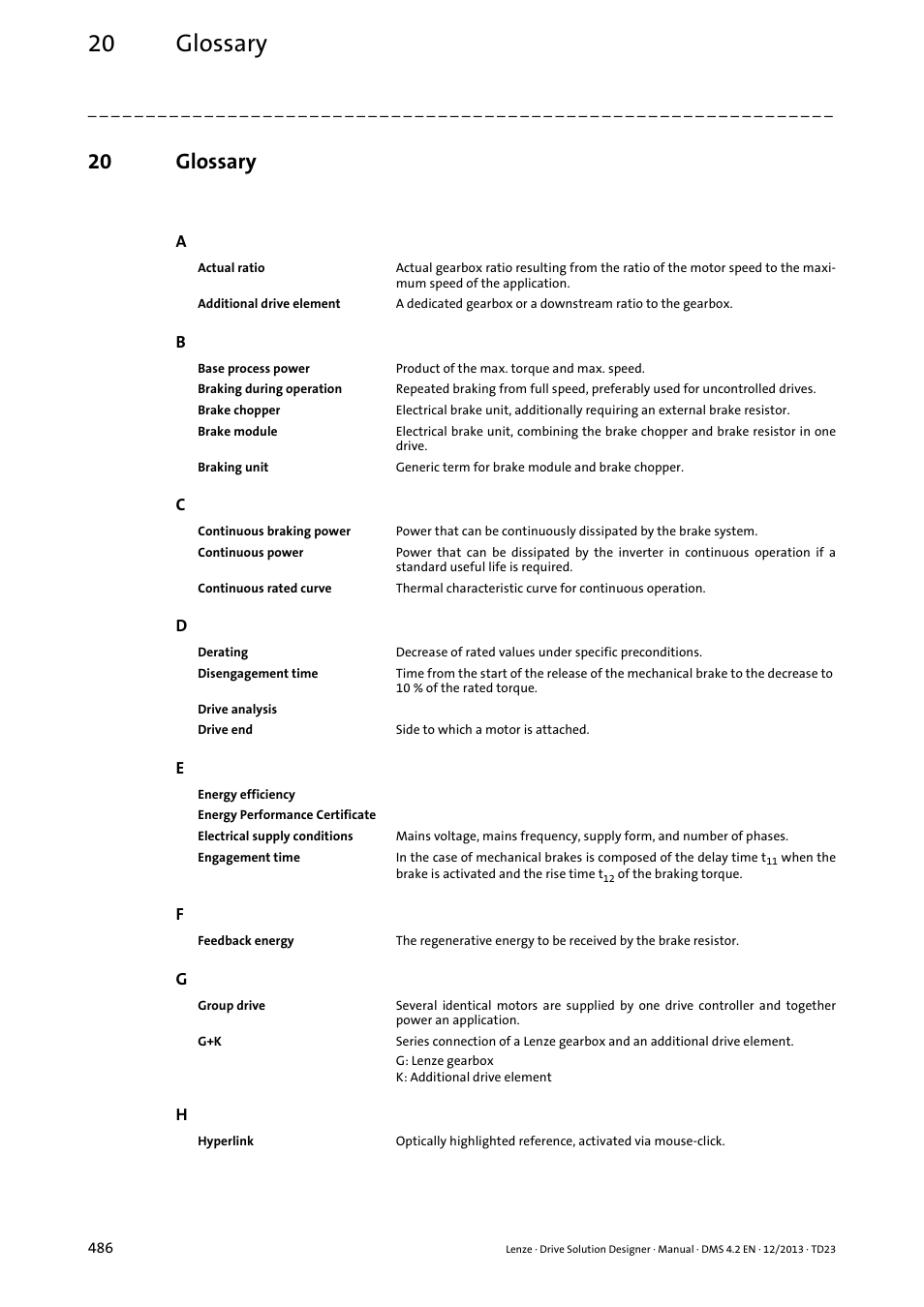 20 glossary, Glossary, Additional drive element" i | E engagement time, Disengagement time, R the drive end i | Lenze DSD User Manual | Page 486 / 496