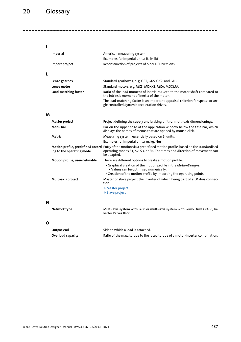 Supply module (master project, Output end of the gearbo, 20 glossary | Lenze DSD User Manual | Page 487 / 496