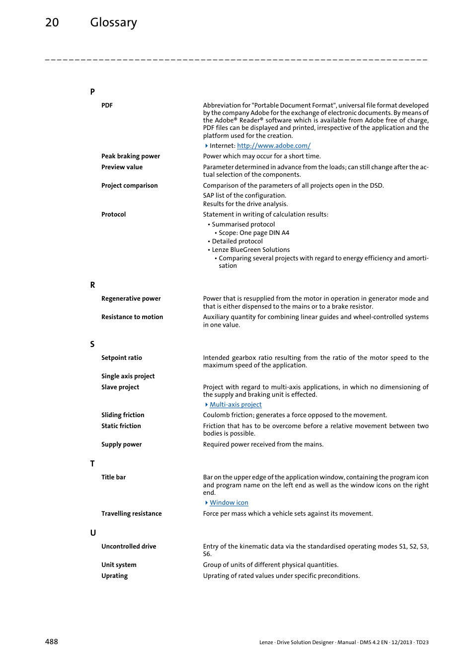 Eate and display protocol, Project comparison, Slave project) | E title bar, E static friction t, E static friction, Slave project, 20 glossary | Lenze DSD User Manual | Page 488 / 496