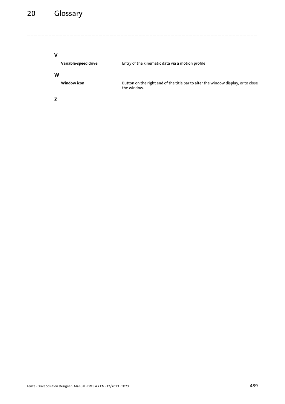 Ck the window icon, Window icon, 20 glossary | Lenze DSD User Manual | Page 489 / 496