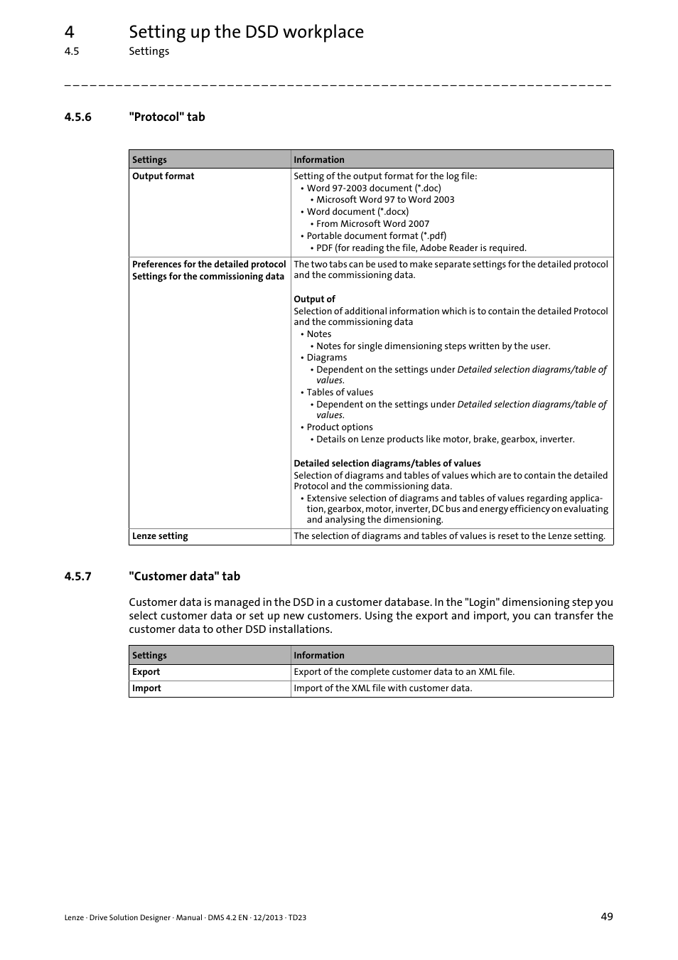 6 "protocol" tab, 7 "customer data" tab, Protocol" tab | Customer data" tab, 4setting up the dsd workplace | Lenze DSD User Manual | Page 49 / 496