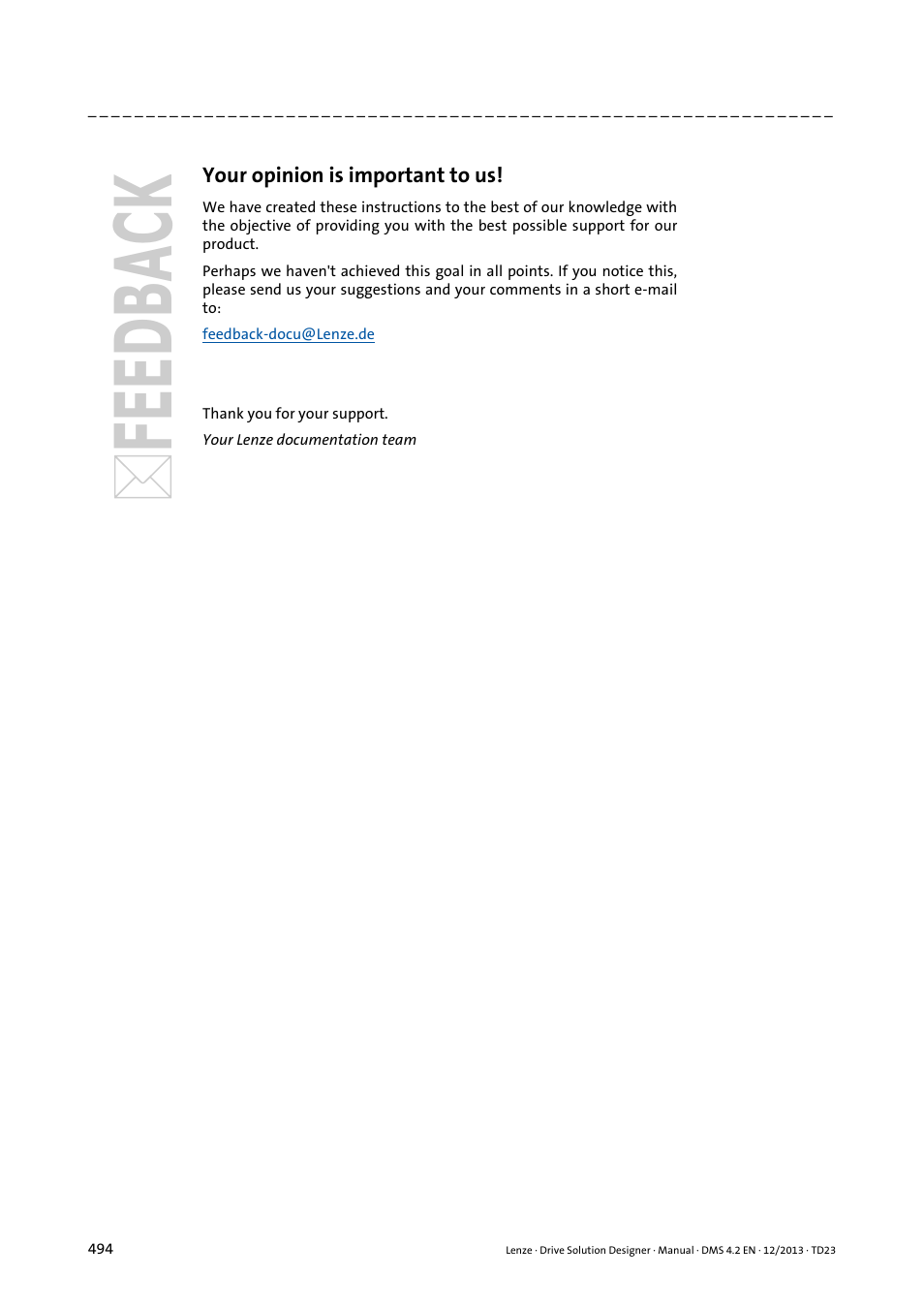 Your opinion is important to us | Lenze DSD User Manual | Page 494 / 496