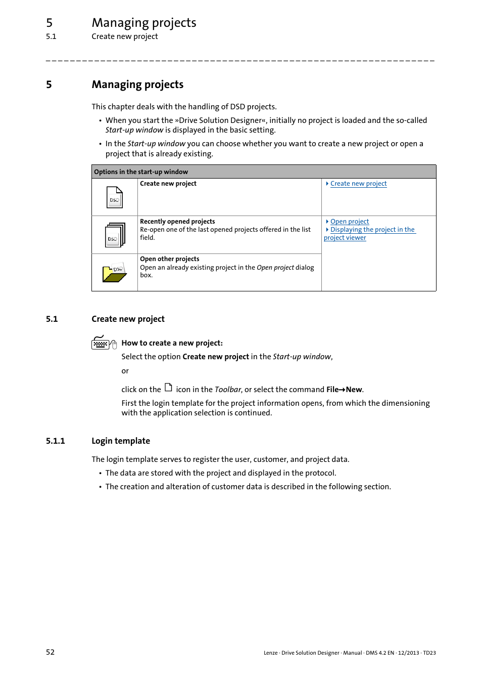 5 managing projects, 1 create new project, 1 login template | Managing projects, Create new project, Login template, Project is described, Create new project ( 52), 5managing projects | Lenze DSD User Manual | Page 52 / 496