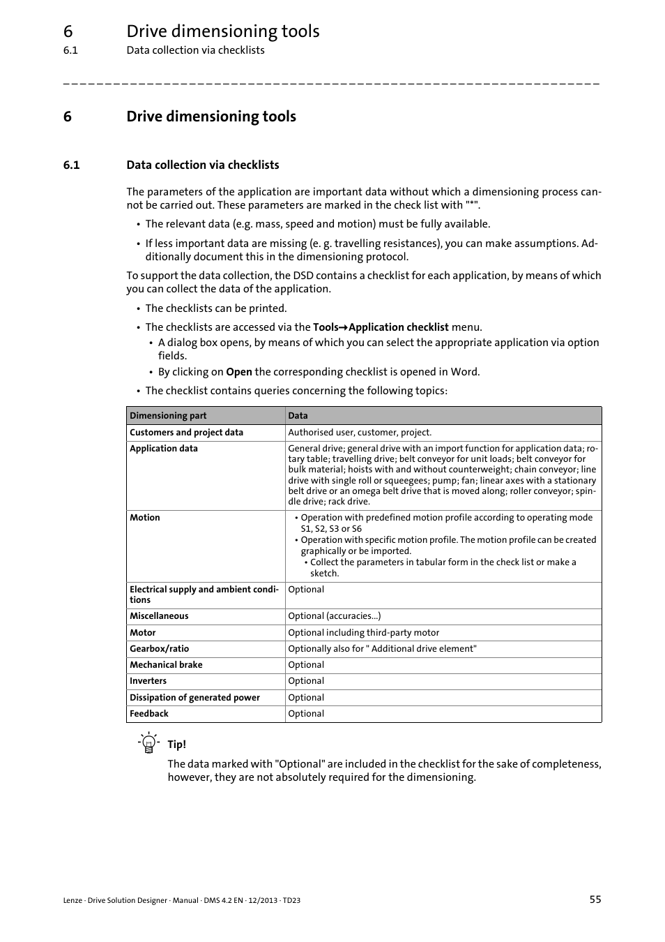 6 drive dimensioning tools, 1 data collection via checklists, Drive dimensioning tools | Data collection via checklists, Data collection via checklists ( 55), 6drive dimensioning tools | Lenze DSD User Manual | Page 55 / 496