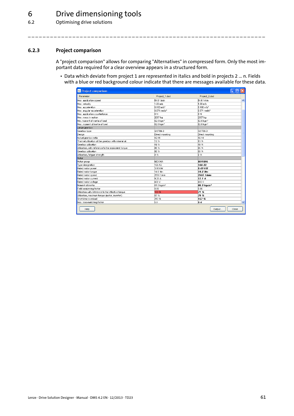 3 project comparison, Project comparison, Project comparison ( 61) | 6drive dimensioning tools | Lenze DSD User Manual | Page 61 / 496