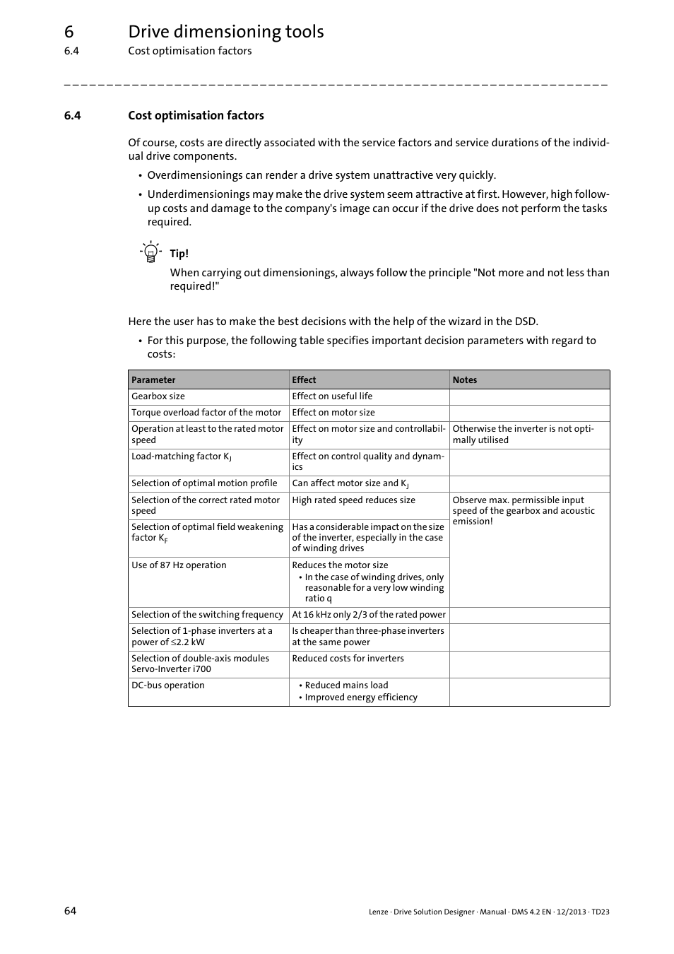 4 cost optimisation factors, Cost optimisation factors, 6drive dimensioning tools | Lenze DSD User Manual | Page 64 / 496
