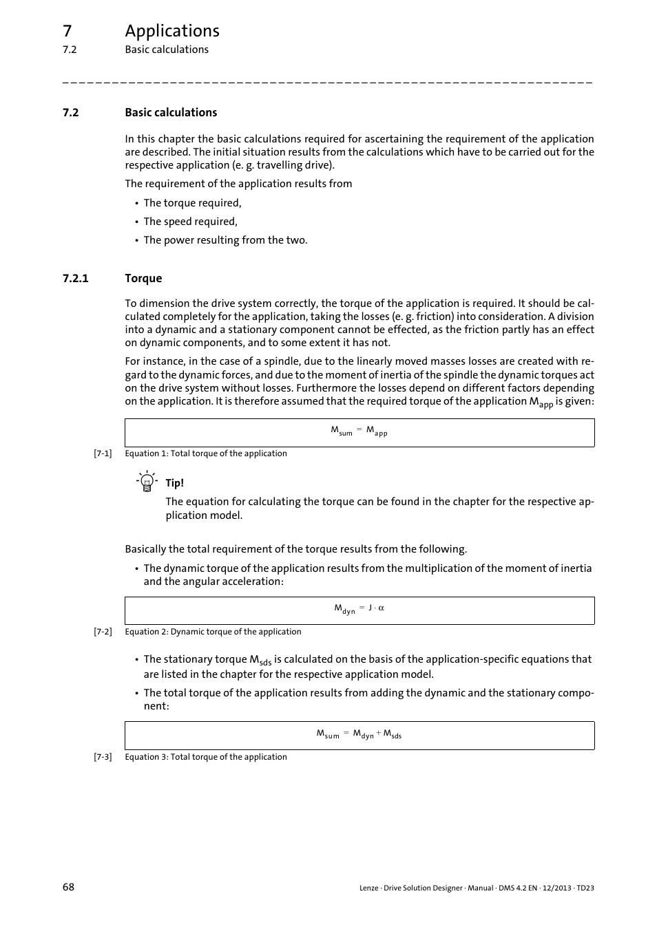 2 basic calculations, 1 torque, Basic calculations | Torque, 7applications | Lenze DSD User Manual | Page 68 / 496