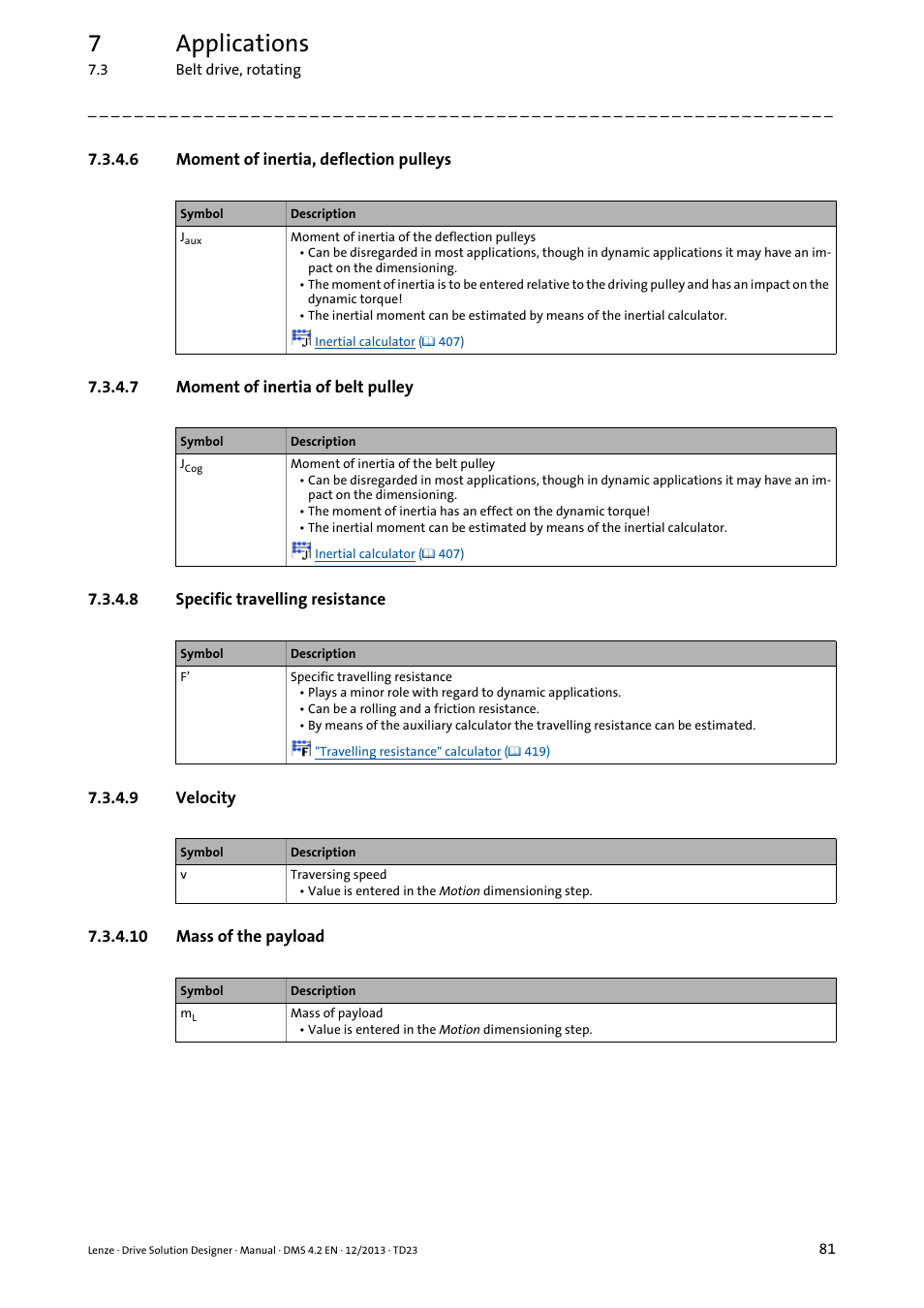 6 moment of inertia, deflection pulleys, 7 moment of inertia of belt pulley, 8 specific travelling resistance | 9 velocity, 10 mass of the payload, 7applications | Lenze DSD User Manual | Page 81 / 496