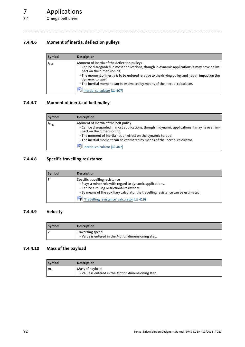 6 moment of inertia, deflection pulleys, 7 moment of inertia of belt pulley, 8 specific travelling resistance | 9 velocity, 10 mass of the payload, 7applications | Lenze DSD User Manual | Page 92 / 496