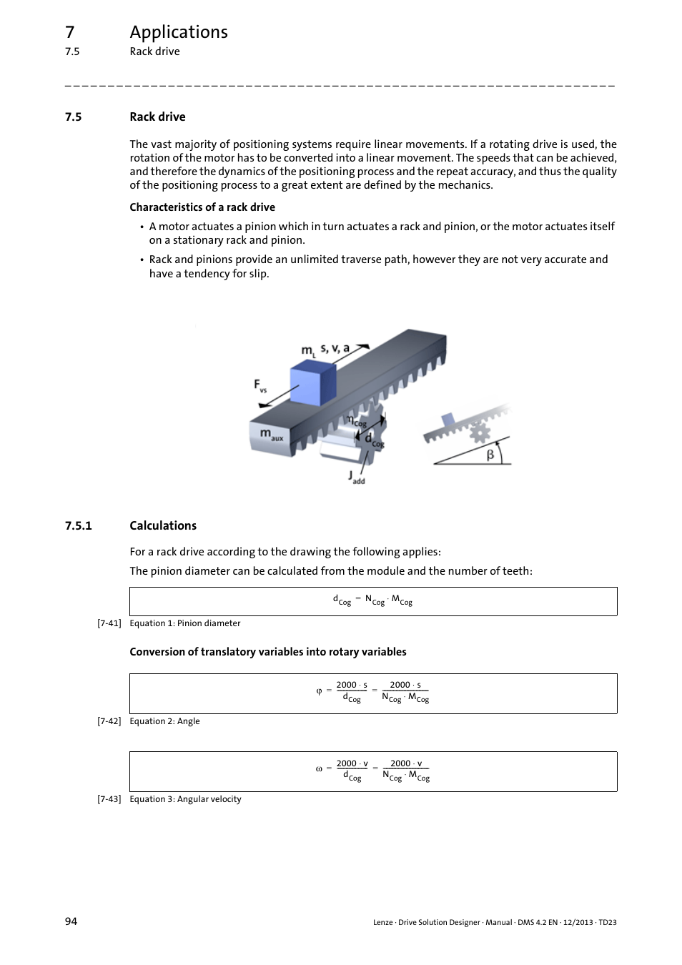5 rack drive, 1 calculations, Rack drive | Calculations, 7applications | Lenze DSD User Manual | Page 94 / 496