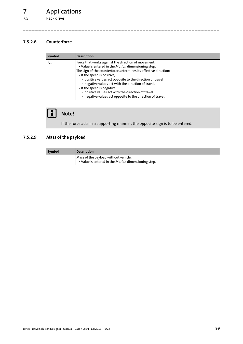 8 counterforce, 9 mass of the payload, 7applications | Lenze DSD User Manual | Page 99 / 496