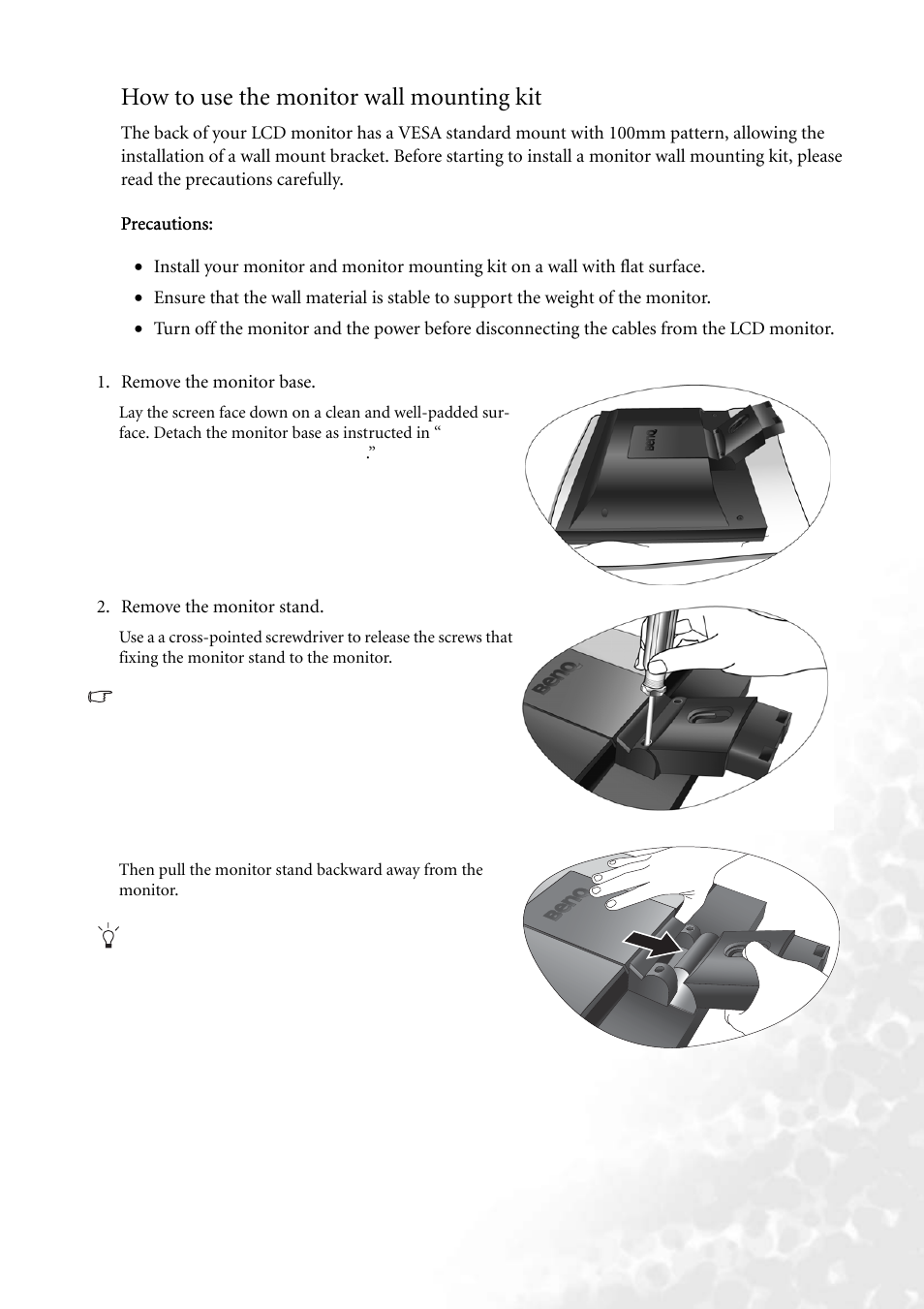 How to use the monitor wall mounting kit | BenQ FP73G User Manual | Page 11 / 36