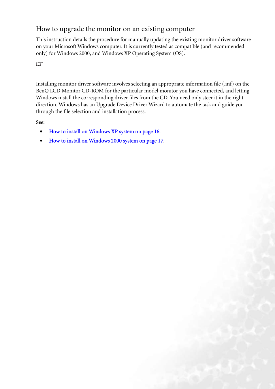 How to upgrade the monitor on an existing computer | BenQ FP73G User Manual | Page 15 / 36