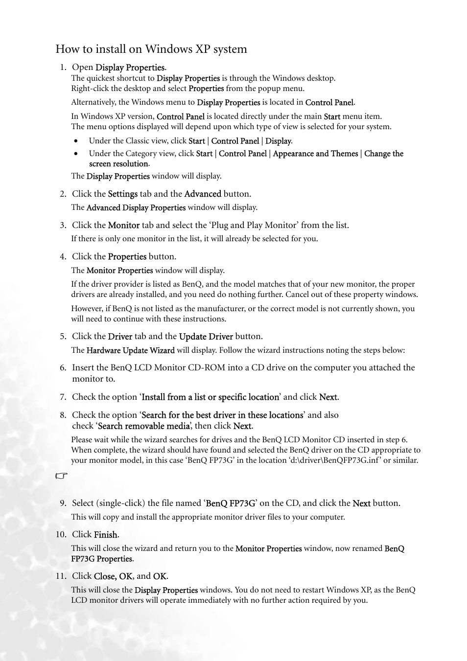 How to install on windows xp systems, How to install on windows xp system | BenQ FP73G User Manual | Page 16 / 36