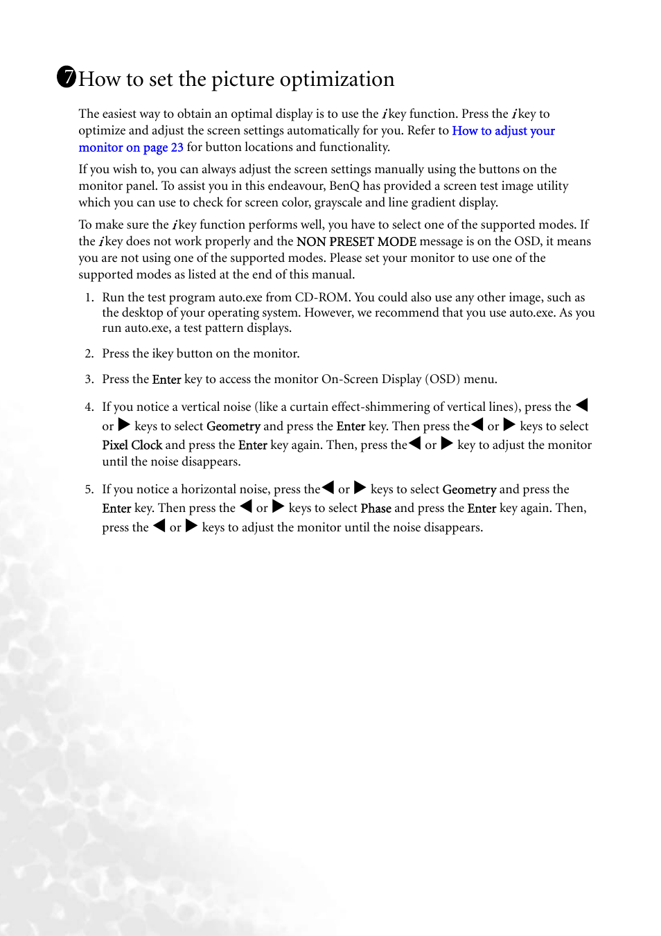 How to set the picture optimization | BenQ FP73G User Manual | Page 22 / 36