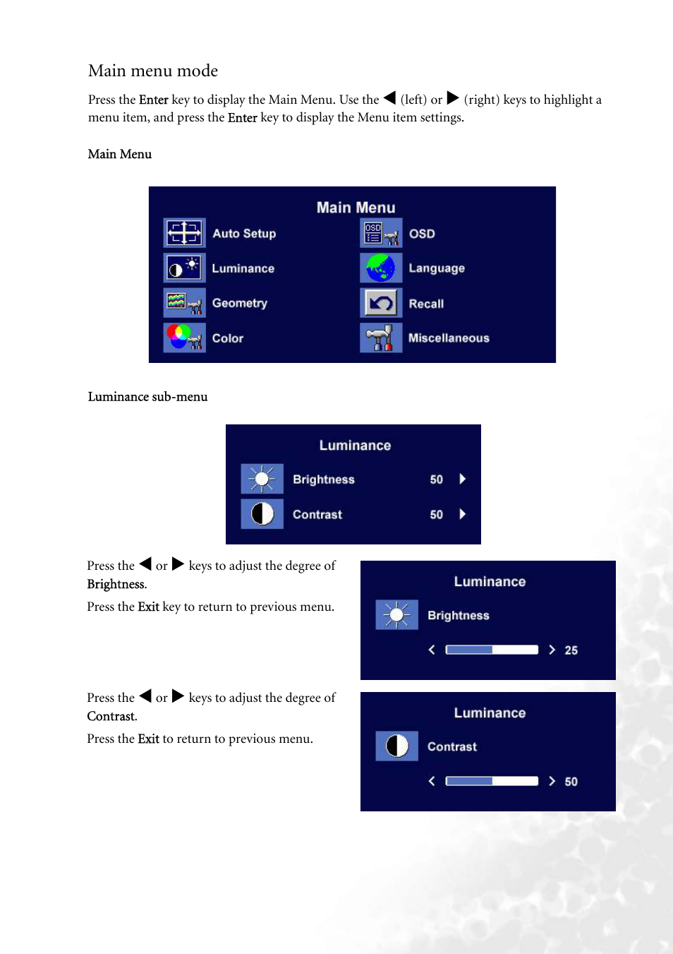 Main menu mode | BenQ FP73G User Manual | Page 25 / 36