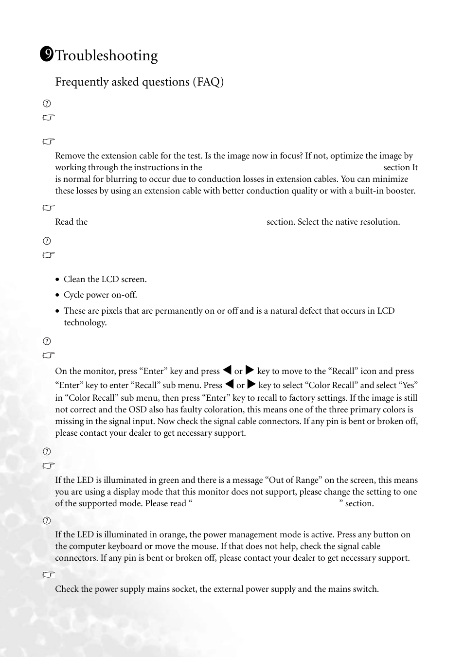 Troubleshooting, Frequently asked questions (faq) | BenQ FP73G User Manual | Page 32 / 36
