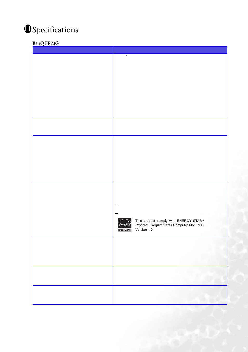 Specifications | BenQ FP73G User Manual | Page 35 / 36