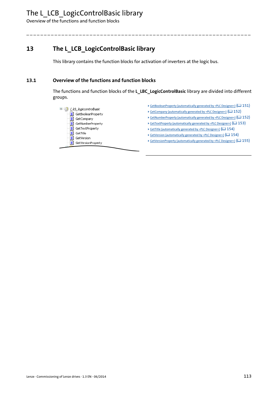 13 the l_lcb_logiccontrolbasic library, 1 overview of the functions and function blocks, The l_lcb_logiccontrolbasic library | The l_lcb_logiccontrolbasic, Library | Lenze PLC Designer R3-x User Manual | Page 113 / 159