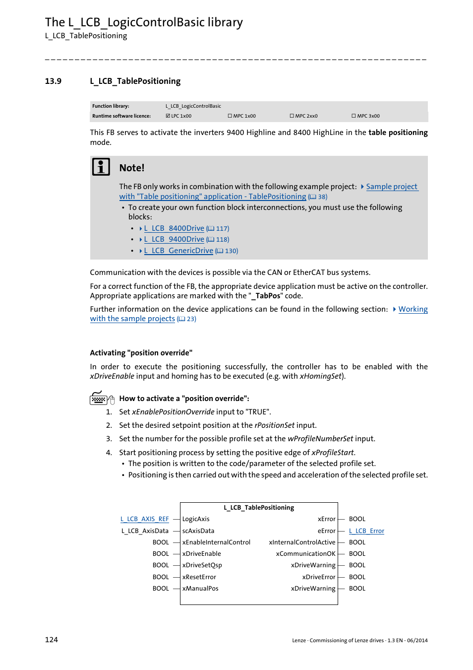 9 l_lcb_tablepositioning, L_lcb_tablepositioning, L_lcb_tablepositioning ( 124) | The l_lcb_logiccontrolbasic library | Lenze PLC Designer R3-x User Manual | Page 124 / 159