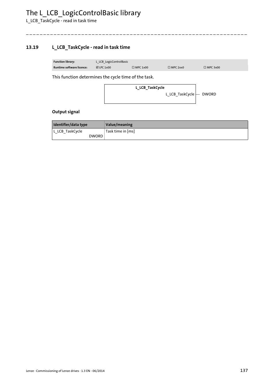19 l_lcb_taskcycle - read in task time, L_lcb_taskcycle - read in task time ( 137), The l_lcb_logiccontrolbasic library | Lenze PLC Designer R3-x User Manual | Page 137 / 159