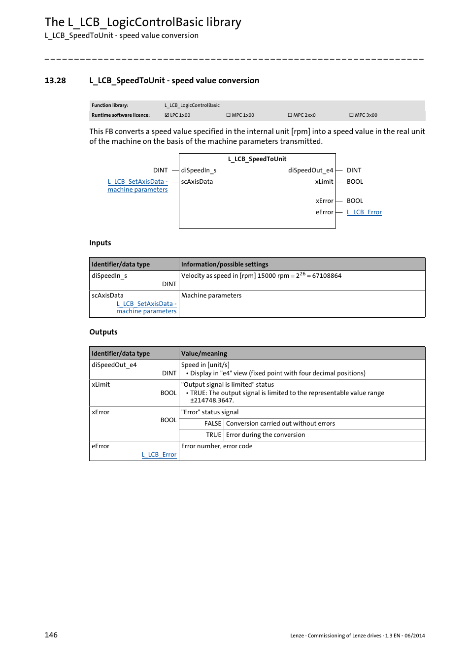 28 l_lcb_speedtounit - speed value conversion, L_lcb_speedtounit - speed value conversion ( 146), The l_lcb_logiccontrolbasic library | Lenze PLC Designer R3-x User Manual | Page 146 / 159