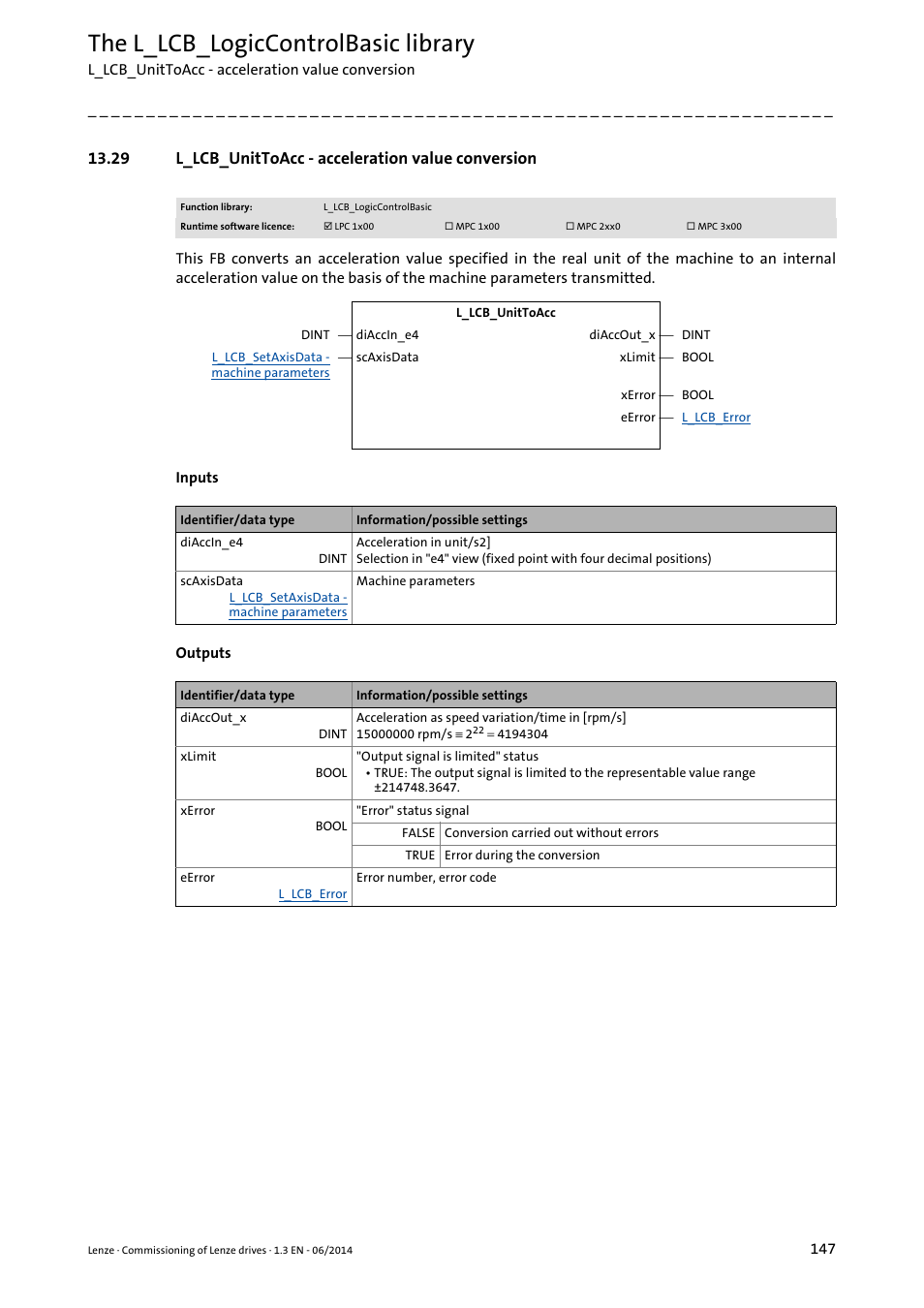 29 l_lcb_unittoacc - acceleration value conversion, The l_lcb_logiccontrolbasic library | Lenze PLC Designer R3-x User Manual | Page 147 / 159