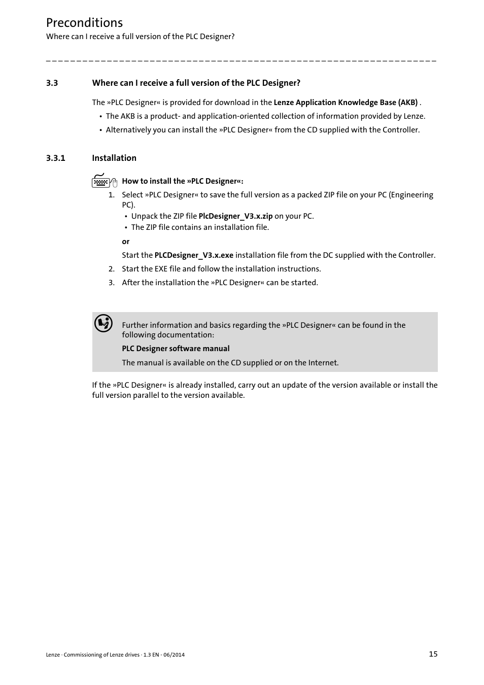 1 installation, Preconditions | Lenze PLC Designer R3-x User Manual | Page 15 / 159